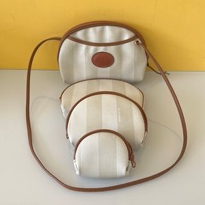 Allan Edwards White Striped Brown Leather Trim Shoulder Cosmetic Coin Bag